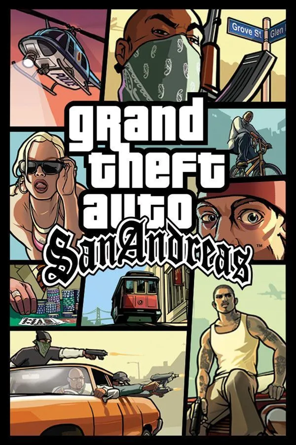 Mô tả: Bìa game Grand Theft Auto: San Andreas, tựa game thế giới mở huyền thoại từng làm mưa làm gió trên Xbox.