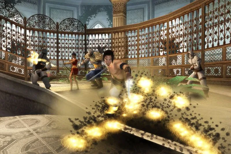Mô tả: Một cảnh nhảy nhót và parkour trong Prince of Persia: The Sands of Time, thể hiện gameplay platforming đặc trưng.