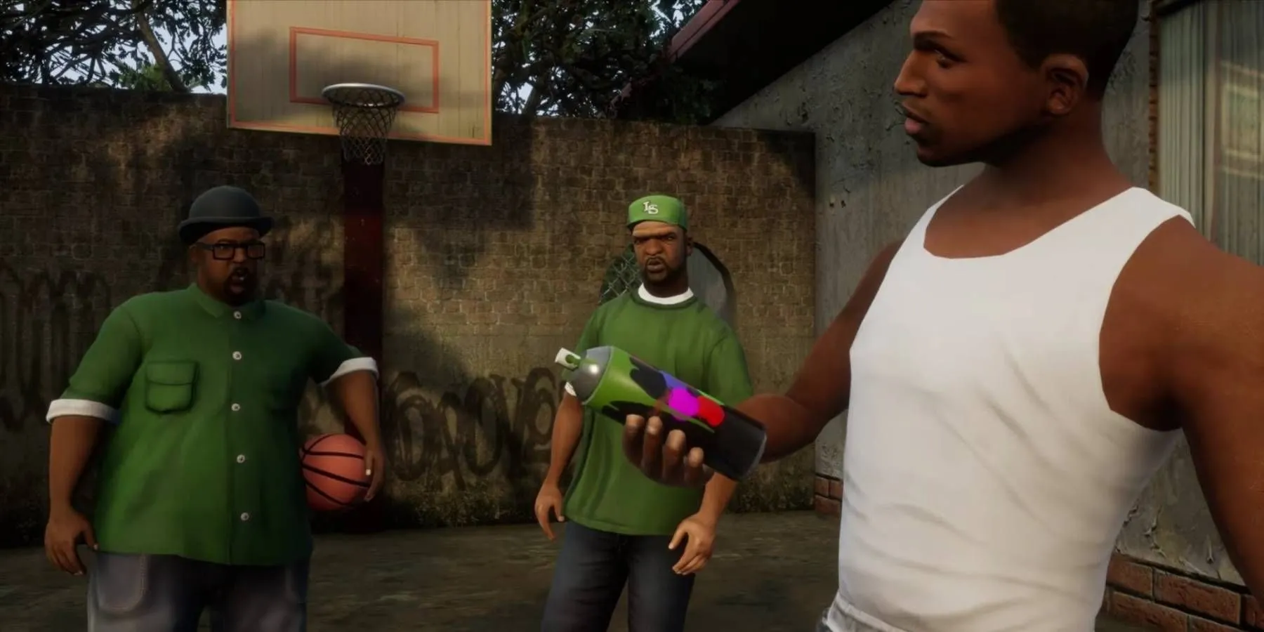 Mô tả: Nhân vật CJ cùng đồng đội trong một phân cảnh của Grand Theft Auto: San Andreas, game có cốt truyện sâu sắc và đa dạng hoạt động.