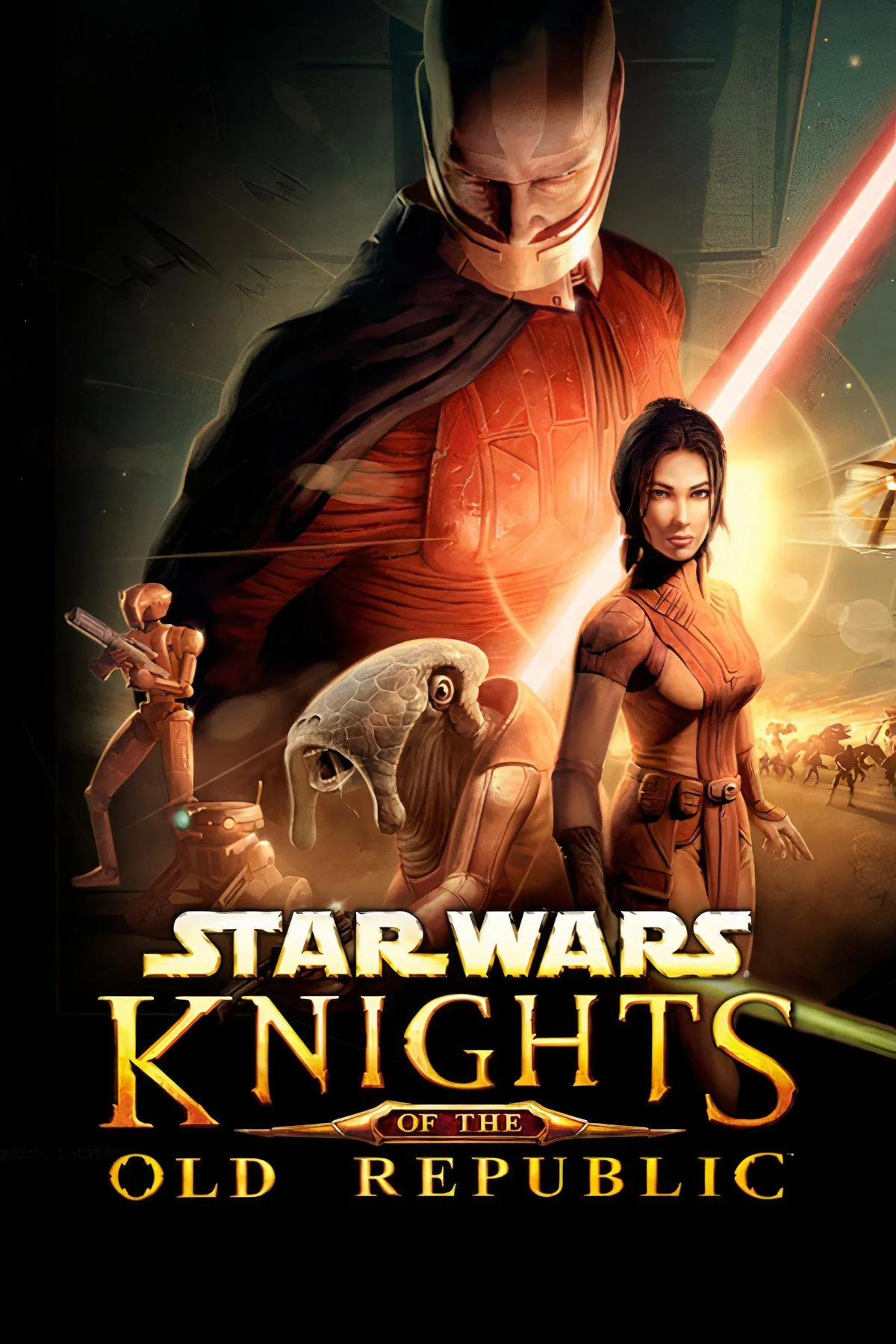 Mô tả: Nhân vật người chơi cùng đồng đội trong Star Wars: Knights of the Old Republic, game RPG cốt truyện sâu sắc về Jedi và Sith.