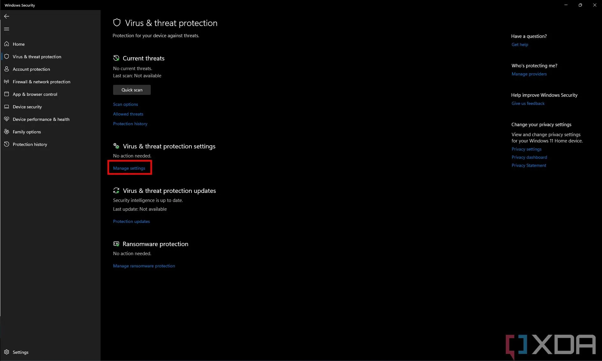 Mục cài đặt Bảo vệ khỏi virus và mối đe dọa trong ứng dụng Bảo mật Windows với tùy chọn quản lý cài đặt