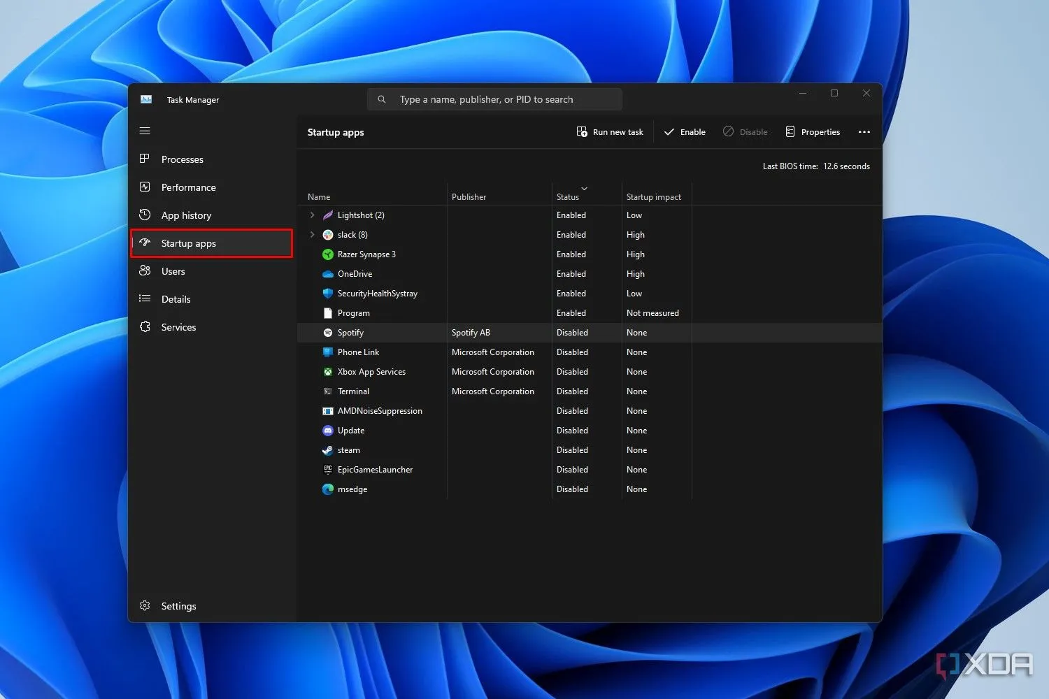 Mục Ứng dụng khởi động trong Task Manager trên Windows 11