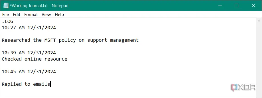 Nhấn F5 để thêm mục nhập mới với ngày và giờ vào tệp nhật ký Notepad