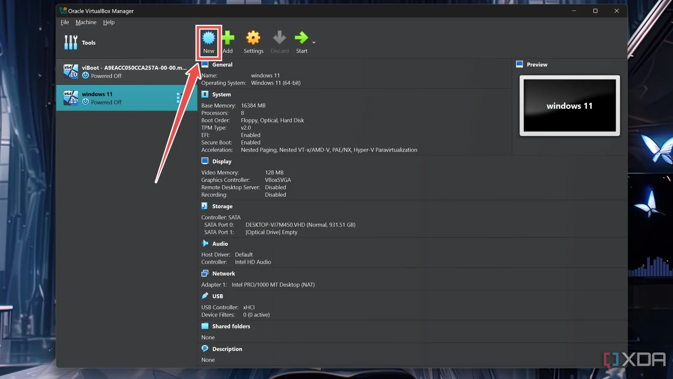 Nút 'New' nổi bật trên giao diện chính của VirtualBox để tạo máy ảo mới