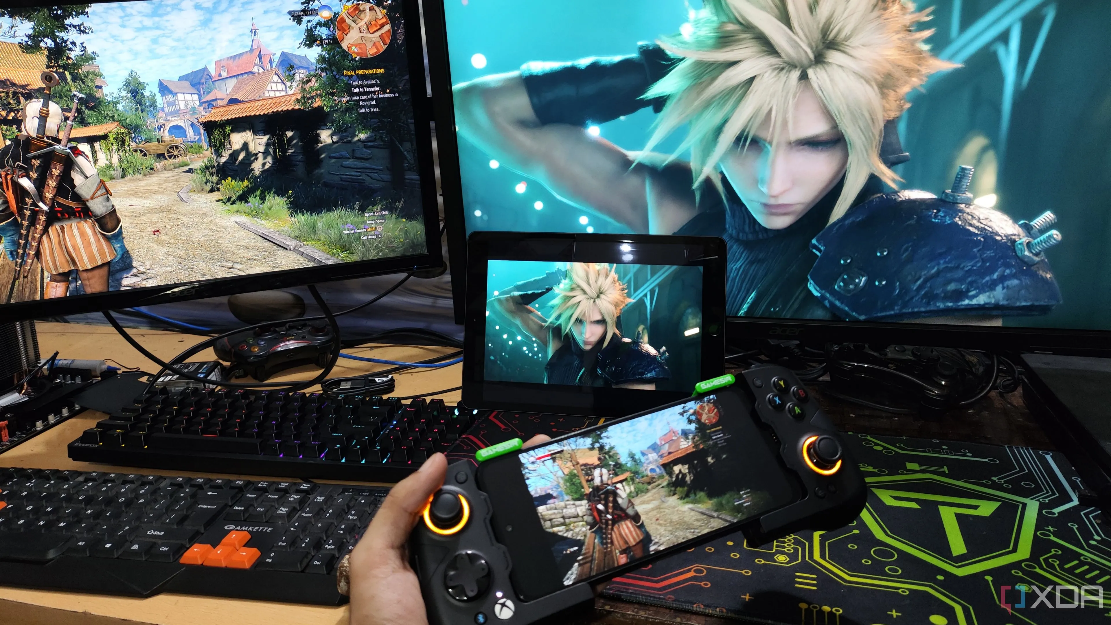 The Witcher 3 được stream đến Poco M6 Pro qua Parsec, trong khi Final Fantasy VII Remake được stream đến iPad qua Moonlight/Sunshine