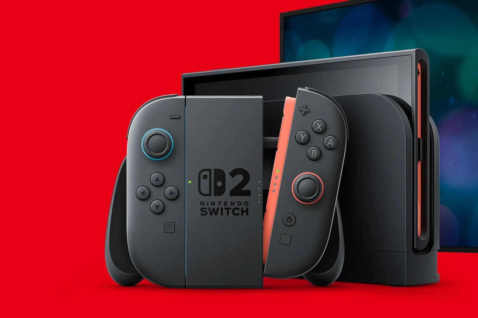 Thiết bị chơi game cầm tay Nintendo Switch 2 đặt trong dock cùng bộ điều khiển Joy-Con và tay cầm phụ, thể hiện xu hướng gaming di động