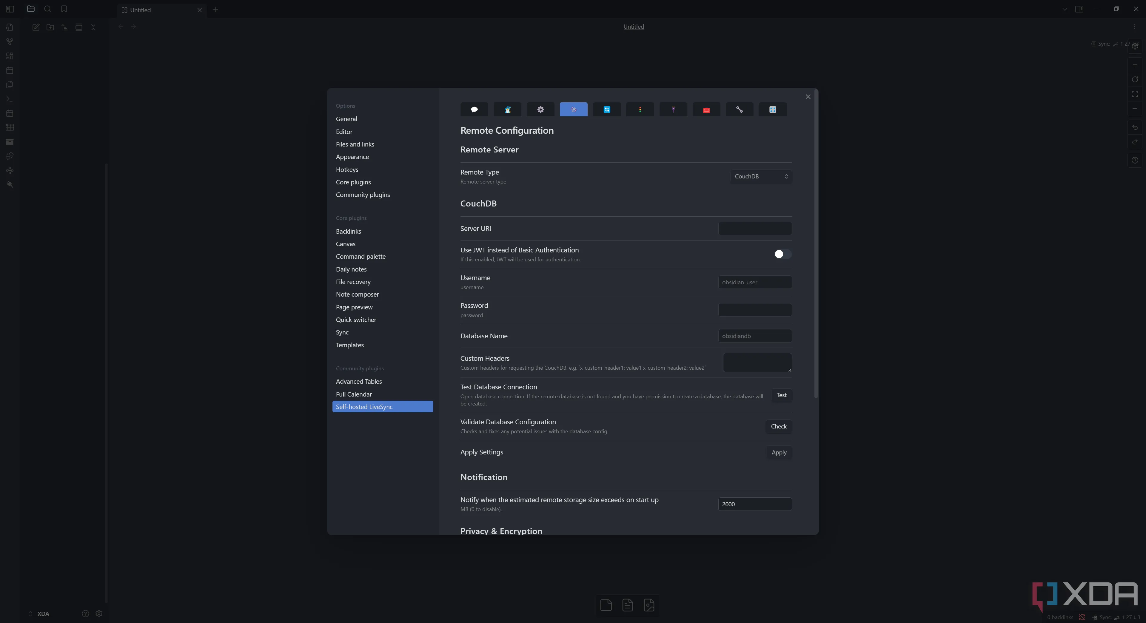 Thiết lập thủ công plugin LiveSync trong Obsidian, tab Satellite Icon
