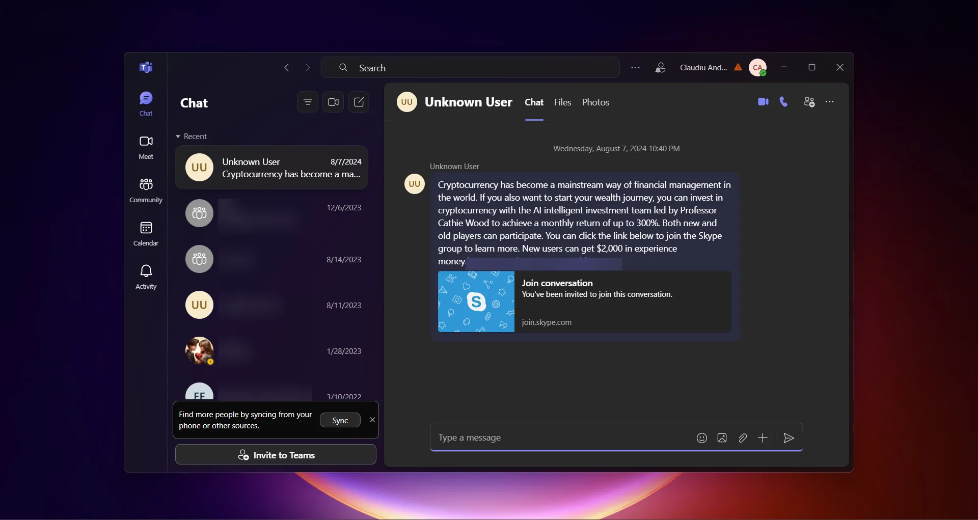 Tin nhắn rác không mong muốn từ liên hệ lạ trong Microsoft Teams