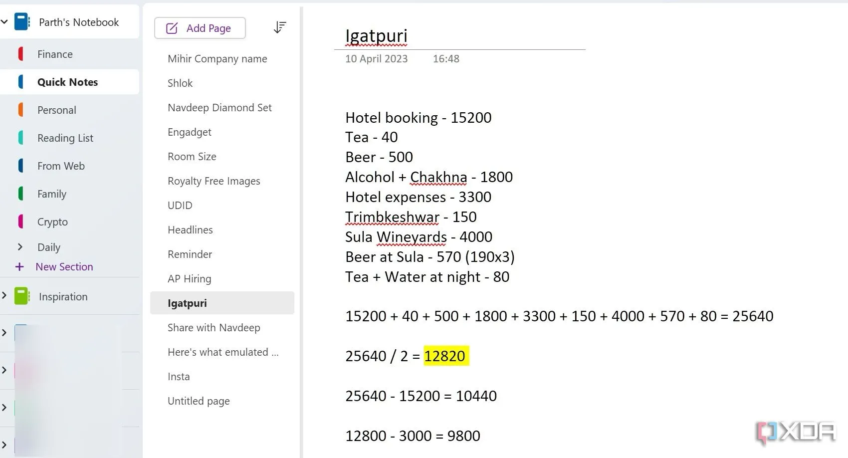 Tính năng hỗ trợ thực hiện các phép tính toán học cơ bản trực tiếp trong ghi chú OneNote