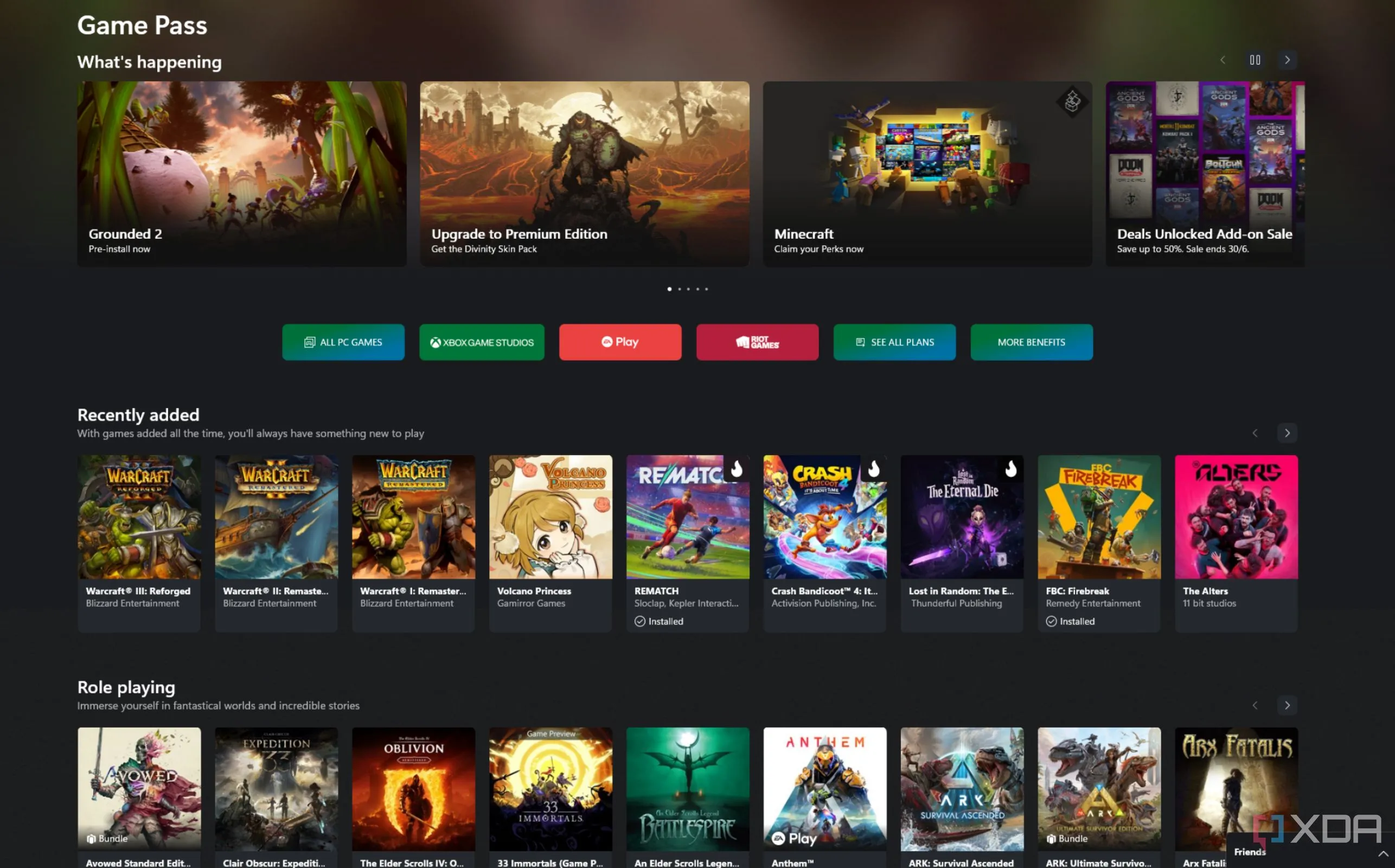 Trang chính của Xbox Game Pass PC