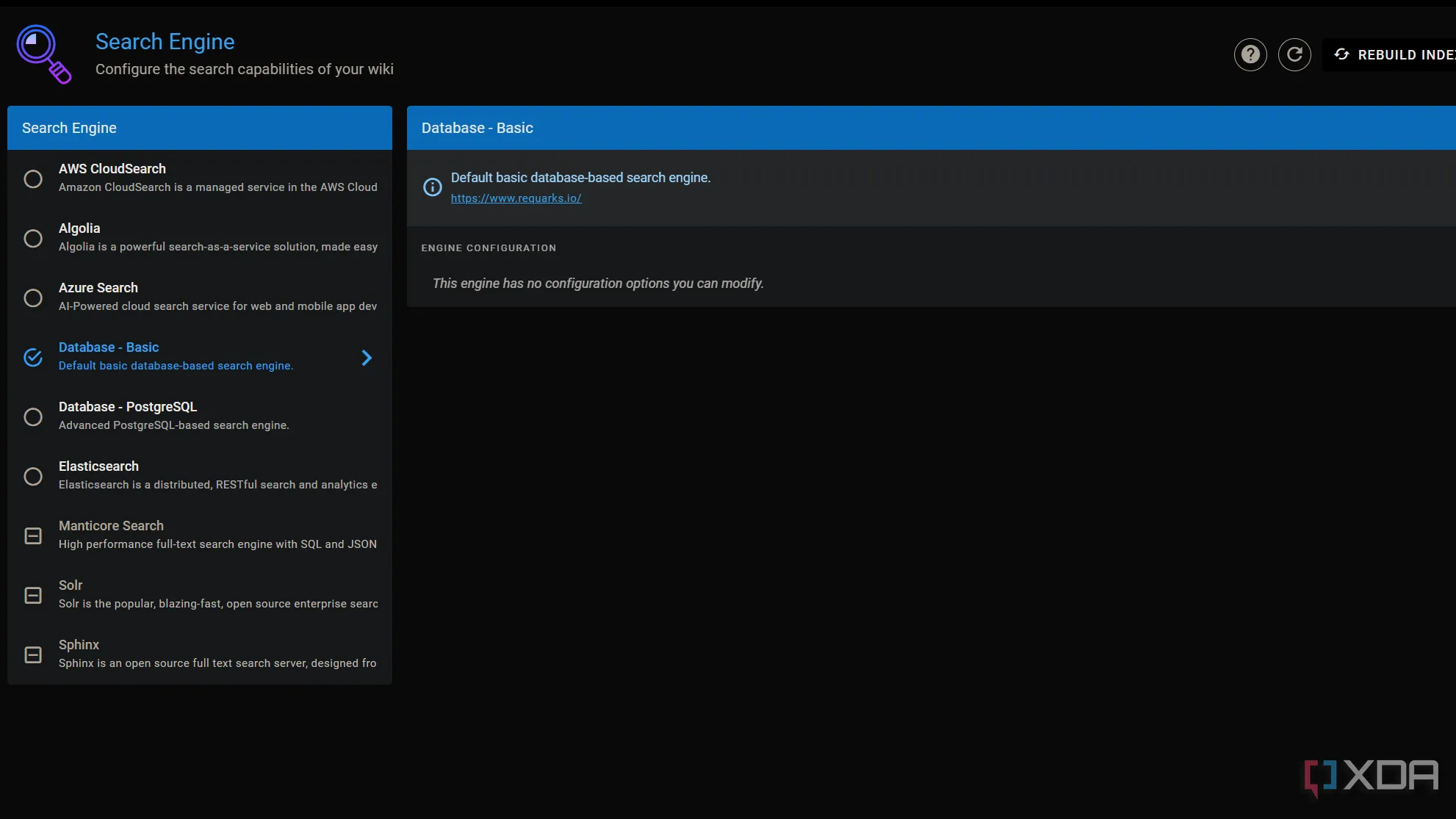 Tùy chọn các công cụ tìm kiếm tích hợp trong Wiki.js như PostgreSQL, Elasticsearch, AWS CloudSearch