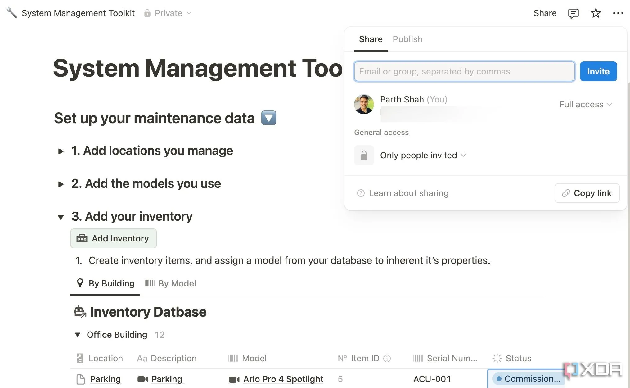 Tùy chọn chia sẻ trang trong Notion, minh họa một trang làm việc đang được chỉnh sửa
