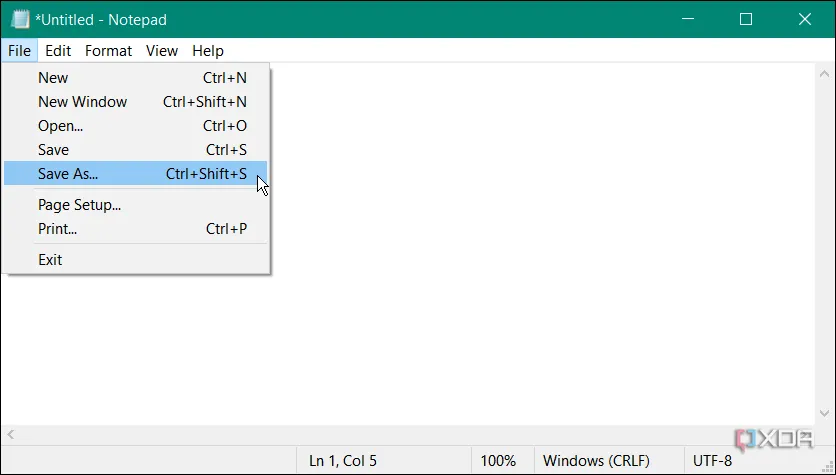 Tùy chọn Lưu thành (Save As) trong Notepad trên Windows