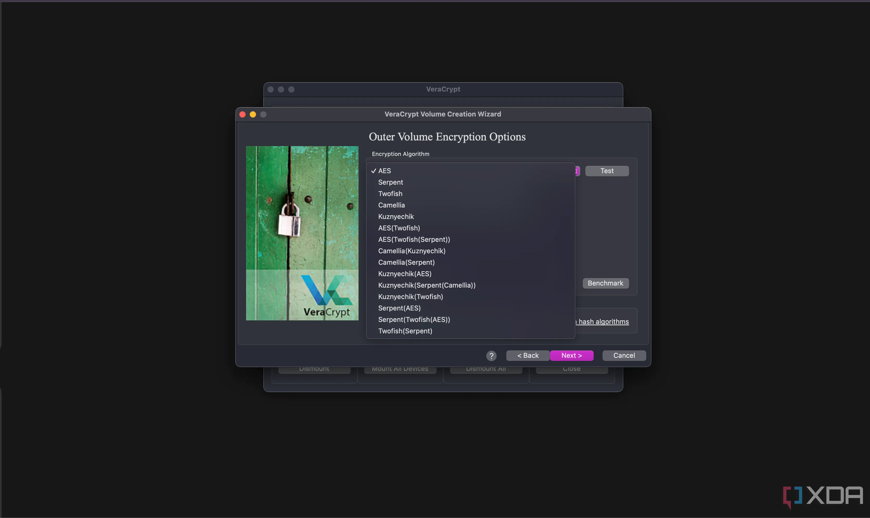 Tùy chọn thuật toán mã hóa và cascading ciphers trong VeraCrypt