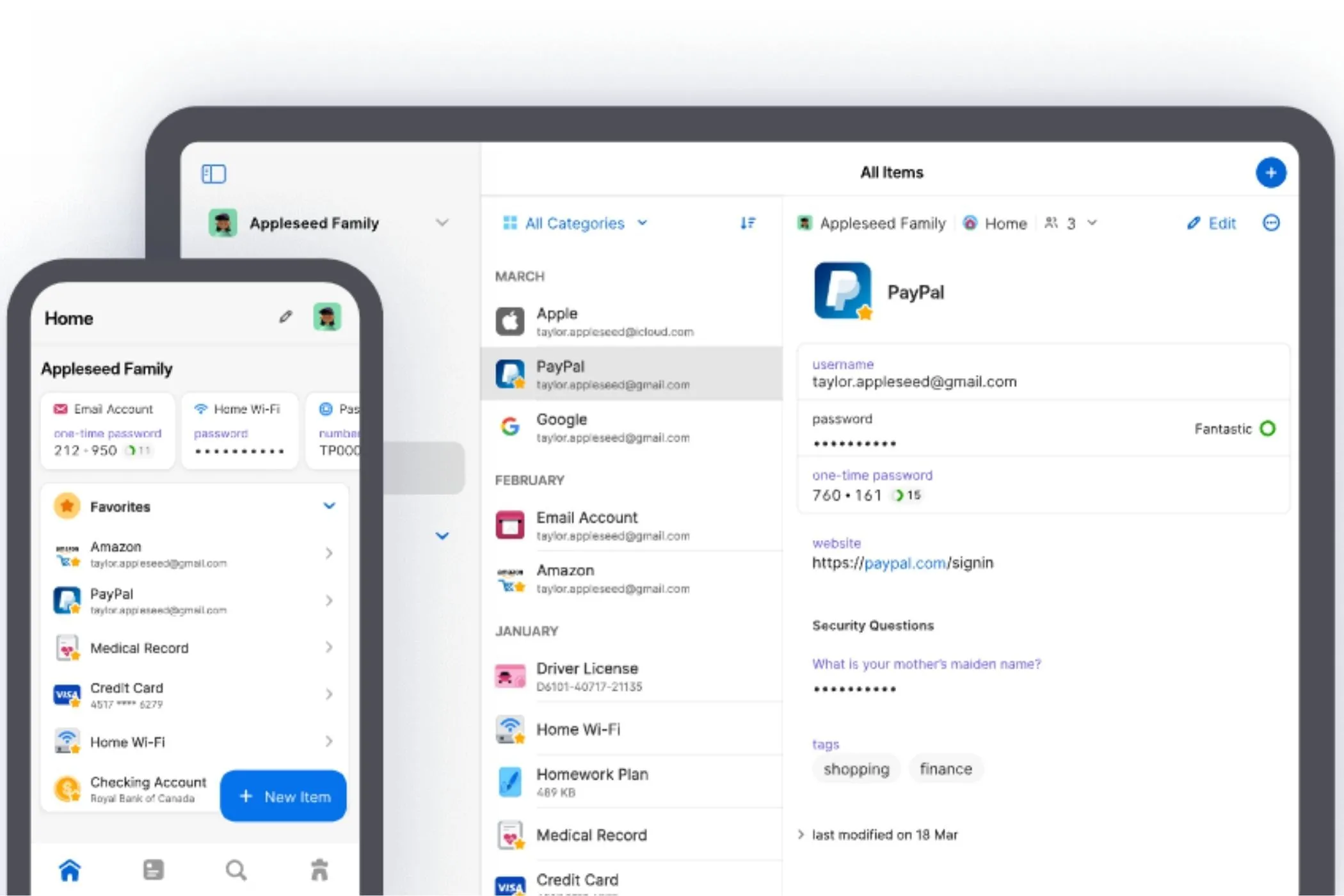 Ứng dụng quản lý mật khẩu 1Password hiển thị trên màn hình điện thoại di động và giao diện máy tính bảng, thể hiện khả năng đồng bộ đa thiết bị.