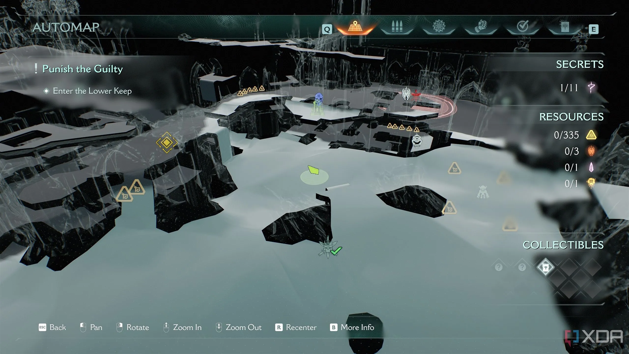 Vị trí cổng Gore trên bản đồ 3D Automap, gần lối vào khu vực chính trong Chương 22 của Doom: The Dark Ages.