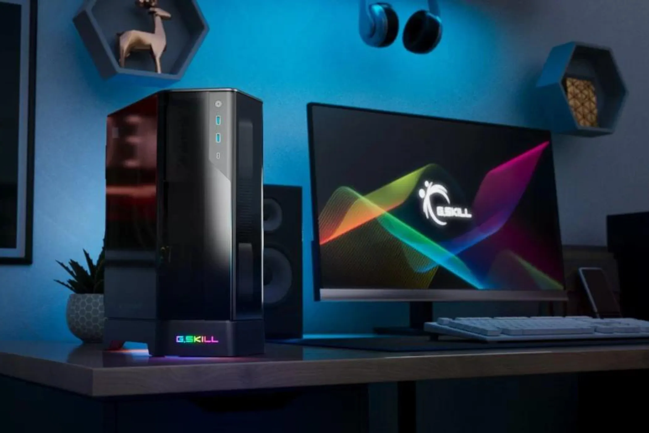 Vỏ case Gskill Z5i ITX được đặt trong một bộ máy tính đồng bộ với thiết kế hiện đại, thể hiện sự độc đáo của vỏ PC tùy chỉnh.