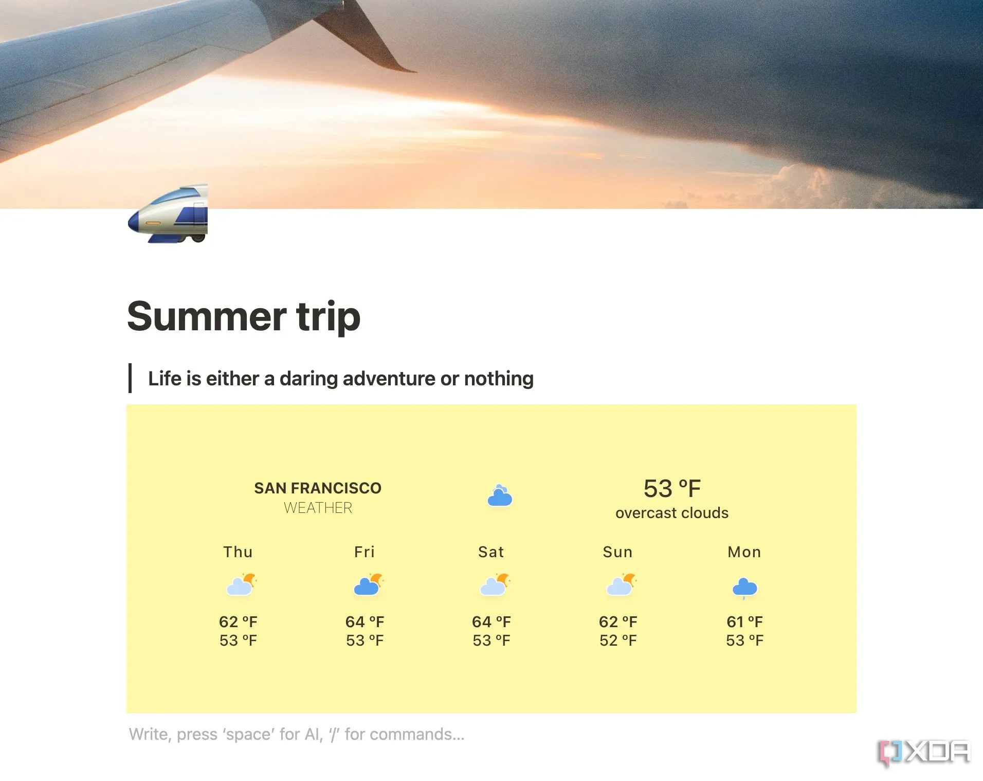 Widget thời tiết đã được nhúng thành công vào trang Notion hiển thị dự báo