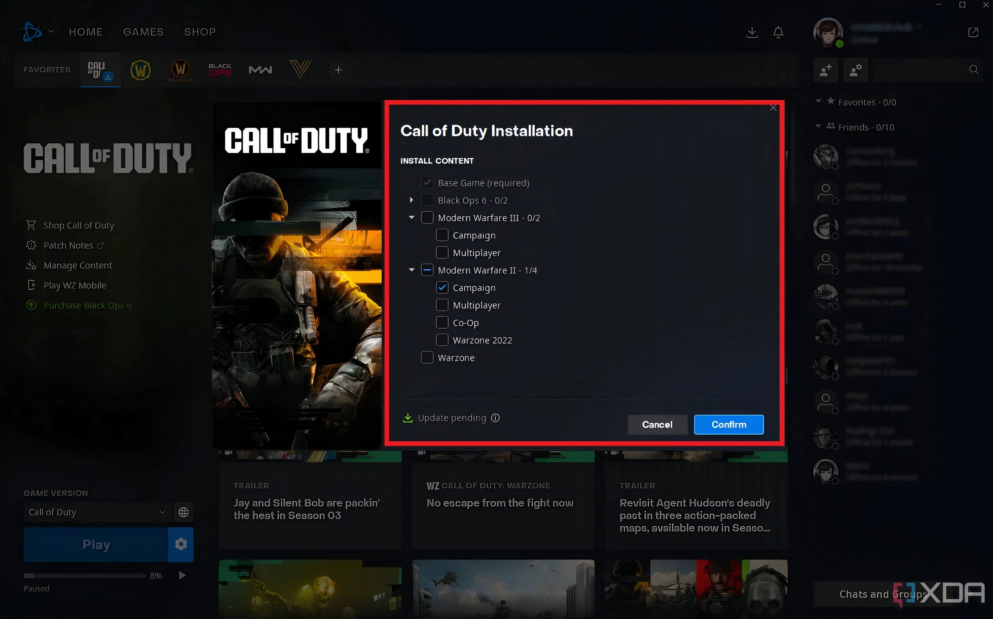 A screenshot of a modified custom installation for Call of Duty in the Battle.net launcher.