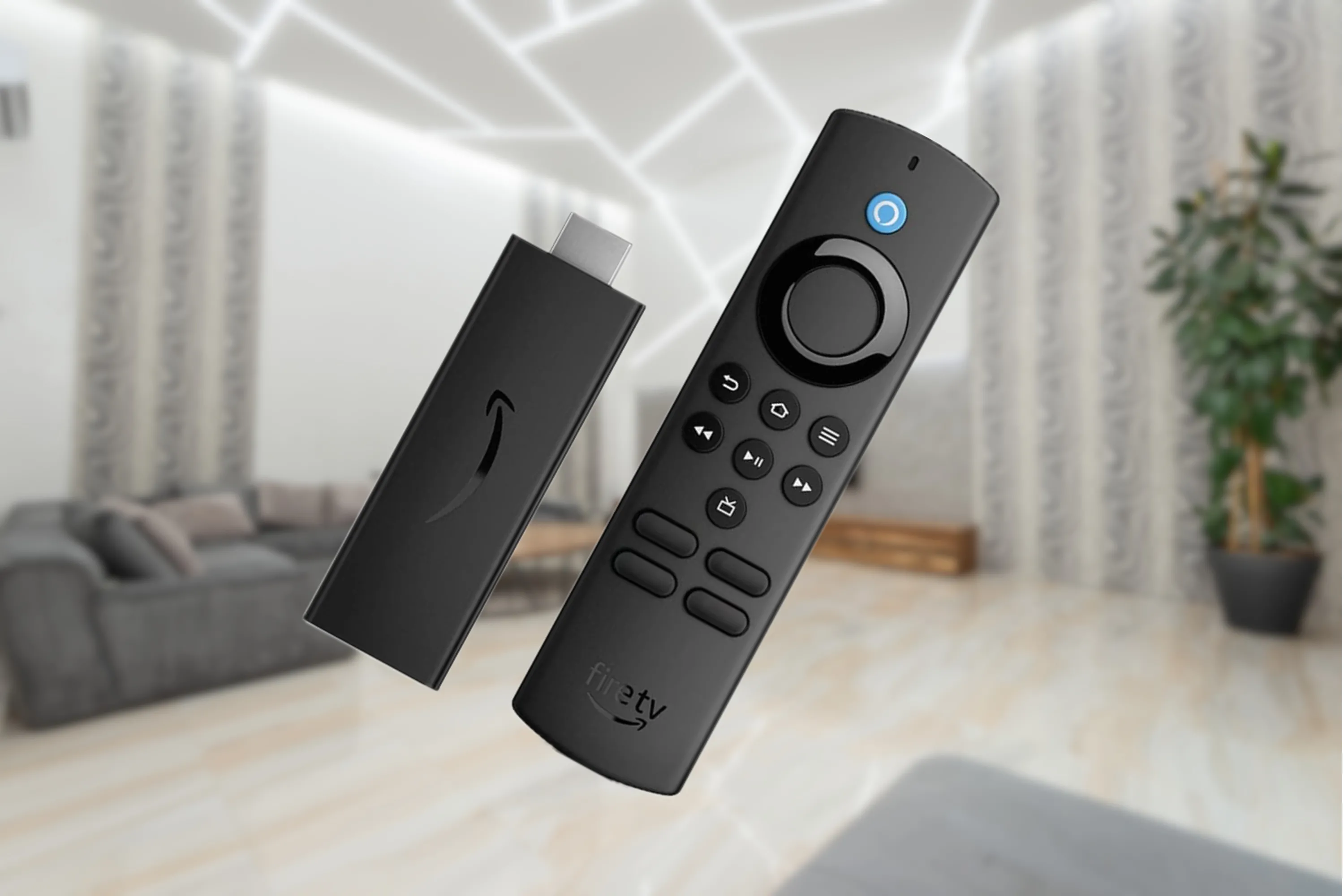Amazon Fire TV Stick Lite và remote điều khiển trong không gian phòng khách hiện đại