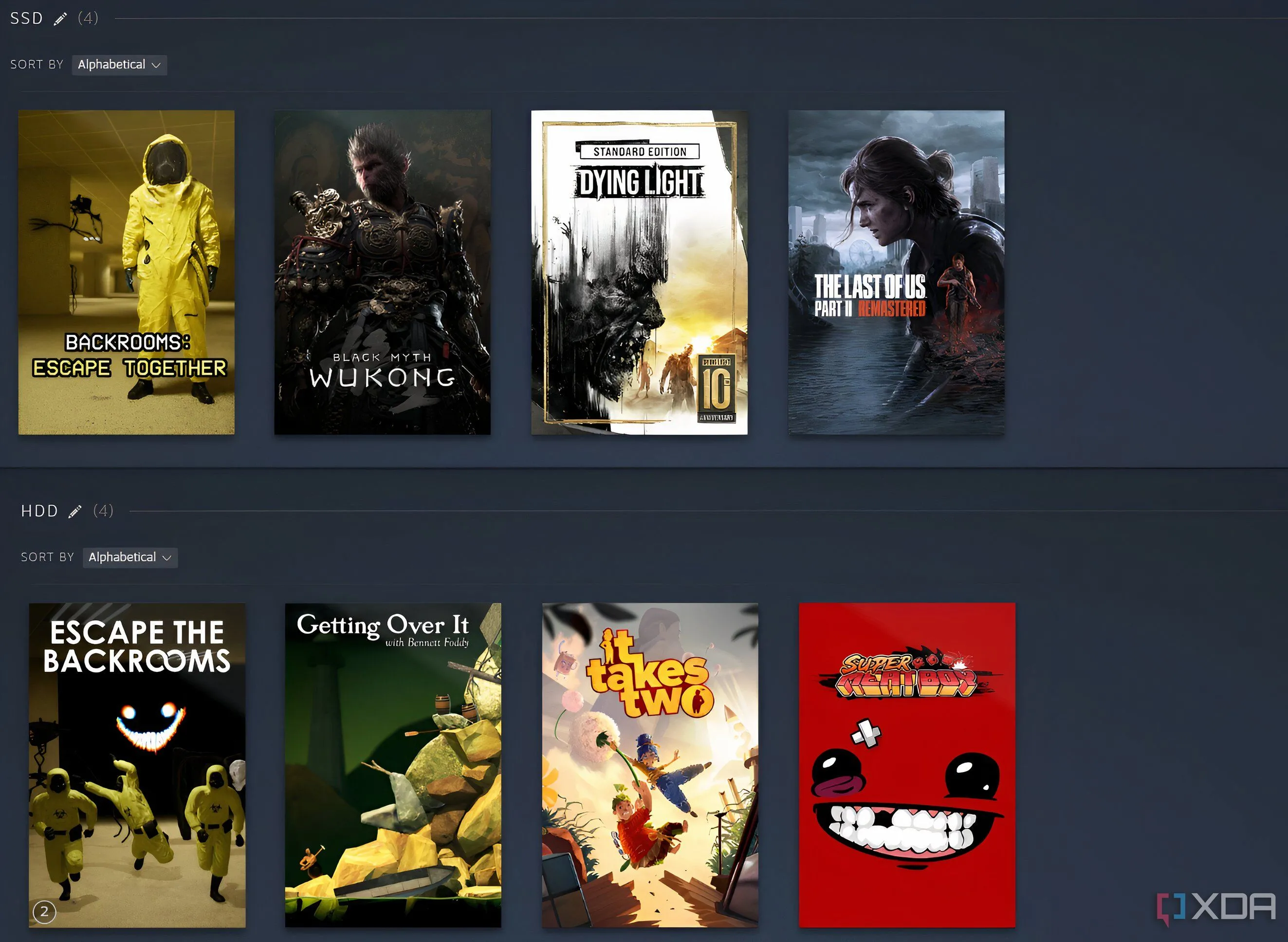 An image of two separate collections titled SSD and HDD on Steam.