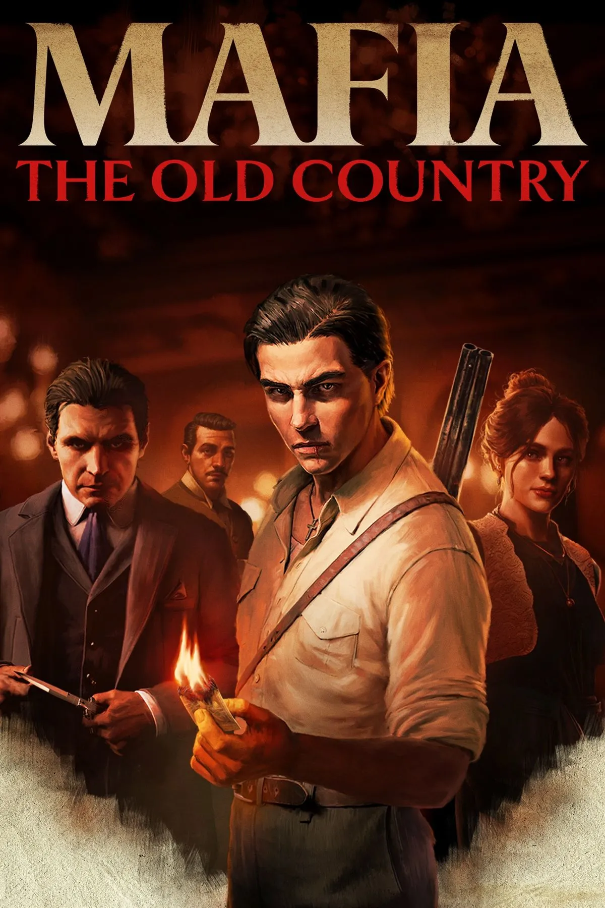 Ảnh bìa game Mafia: The Old Country mang phong cách cổ điển và hình ảnh nhân vật bí ẩn