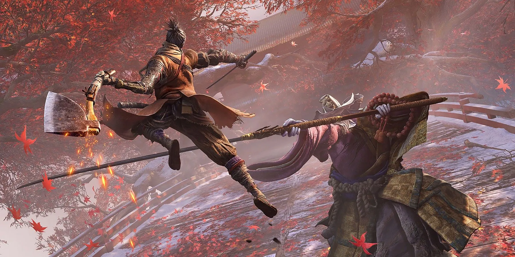 Ảnh bìa game Sekiro: Shadows Die Twice, mô tả Shinobi Wolf tấn công một kẻ địch nhà sư khổng lồ khi đang nhảy lên không trung với chiếc rìu trên cánh tay.