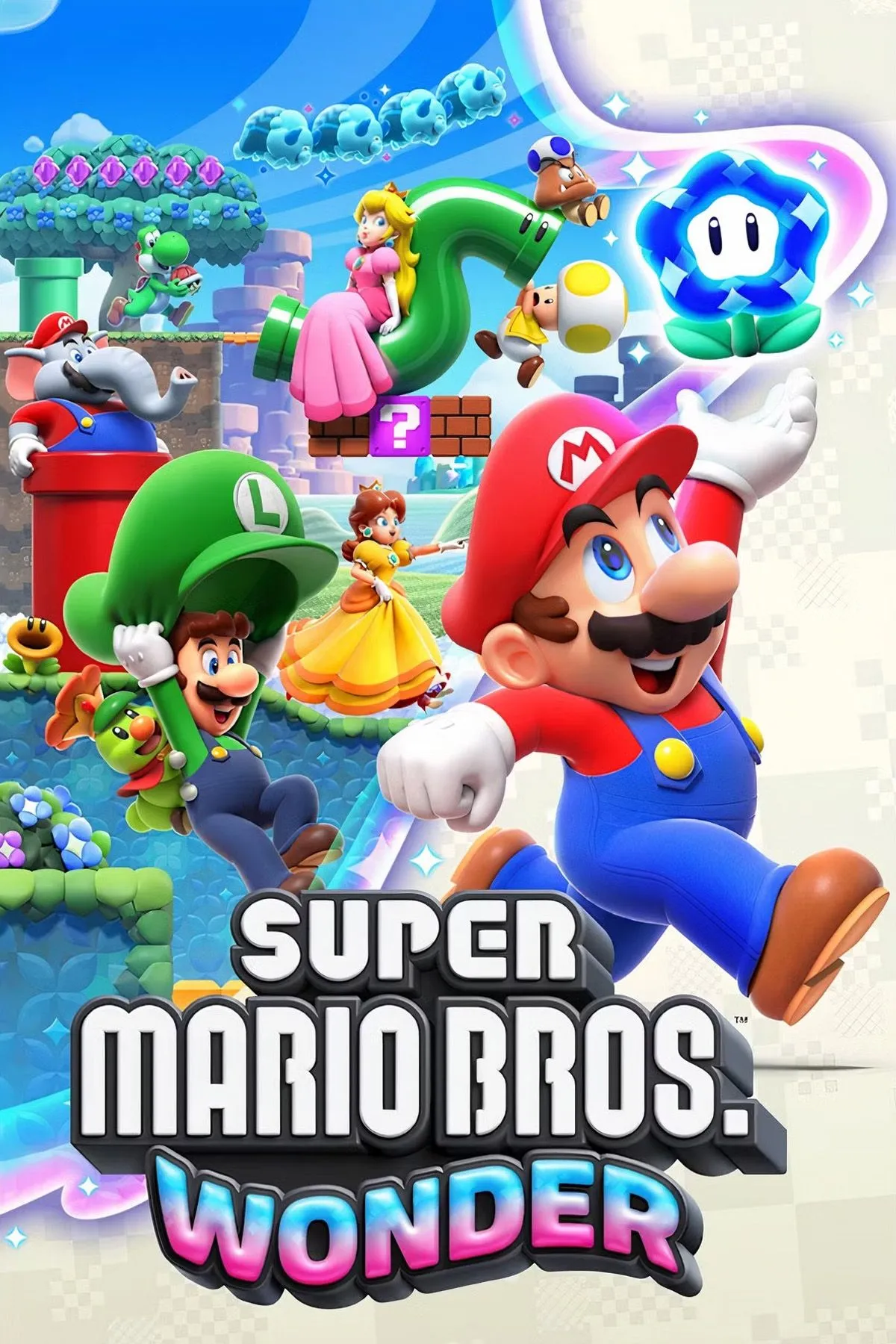 Ảnh bìa game Super Mario Bros. Wonder với các nhân vật chính và Yoshi