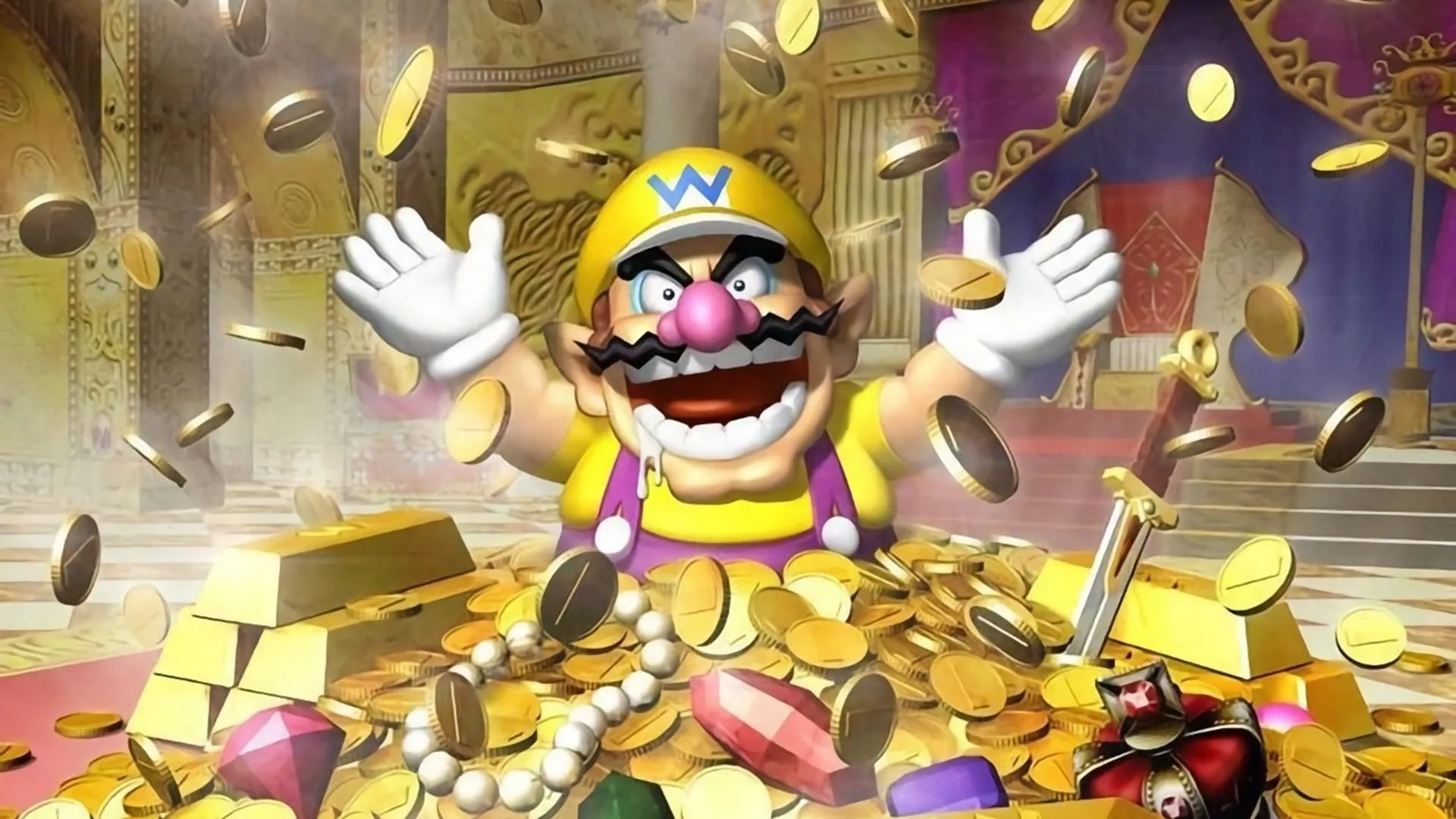 Ảnh bìa game Wario World trên Nintendo GameCube, thể hiện nhân vật Wario tham lam