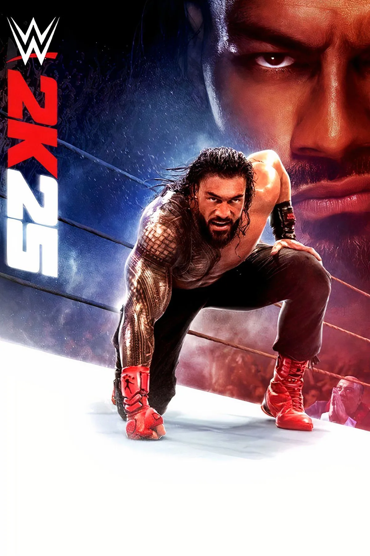 Ảnh bìa game WWE 2K25 với hình ảnh một đô vật đang biểu diễn trên võ đài