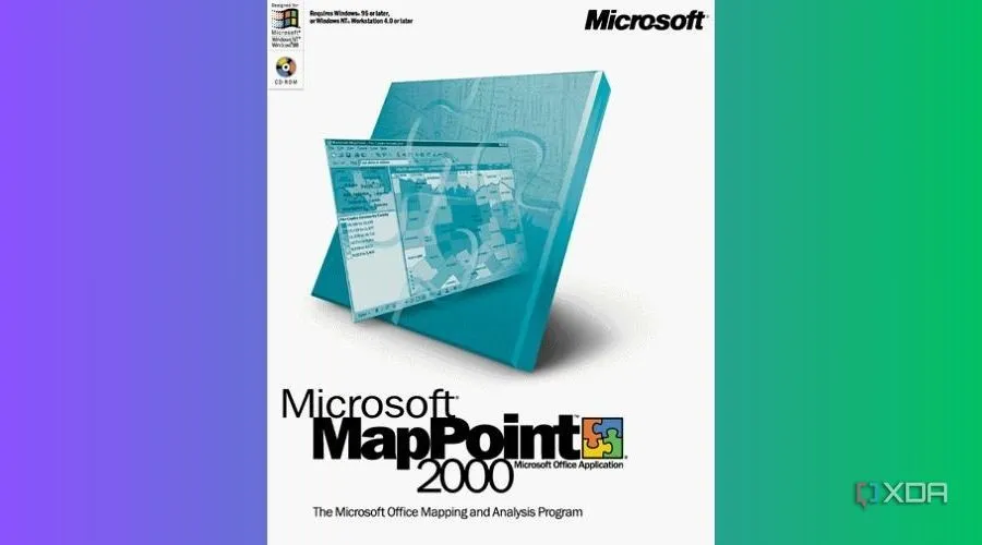 Ảnh bìa sản phẩm Microsoft MapPoint hiển thị bản đồ và các công cụ phân tích.