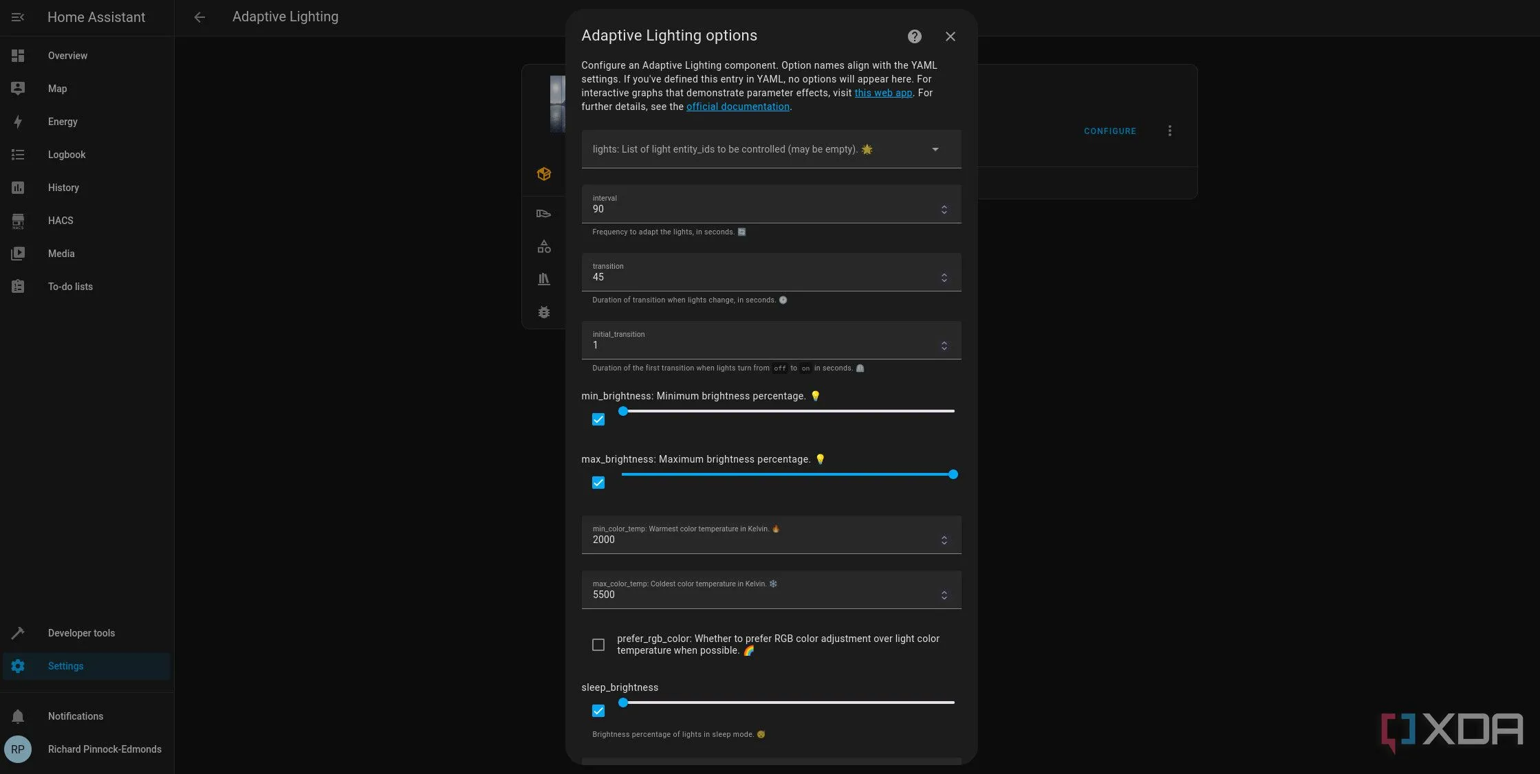 Ảnh chụp màn hình cài đặt Adaptive Lighting điều chỉnh ánh sáng trong Home Assistant