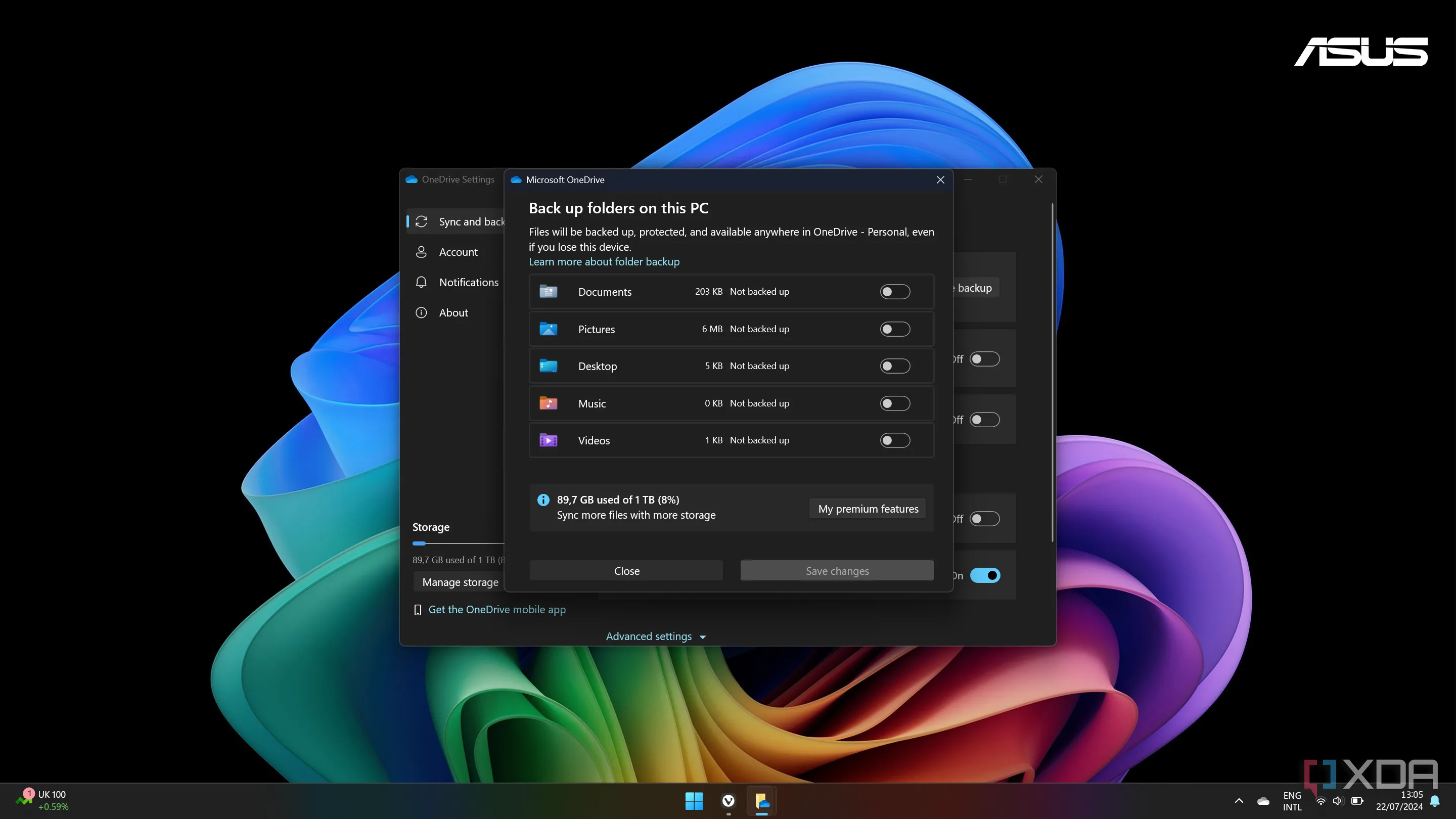 Ảnh chụp màn hình cài đặt OneDrive trên Windows với tùy chọn sao lưu thư mục đã tắt