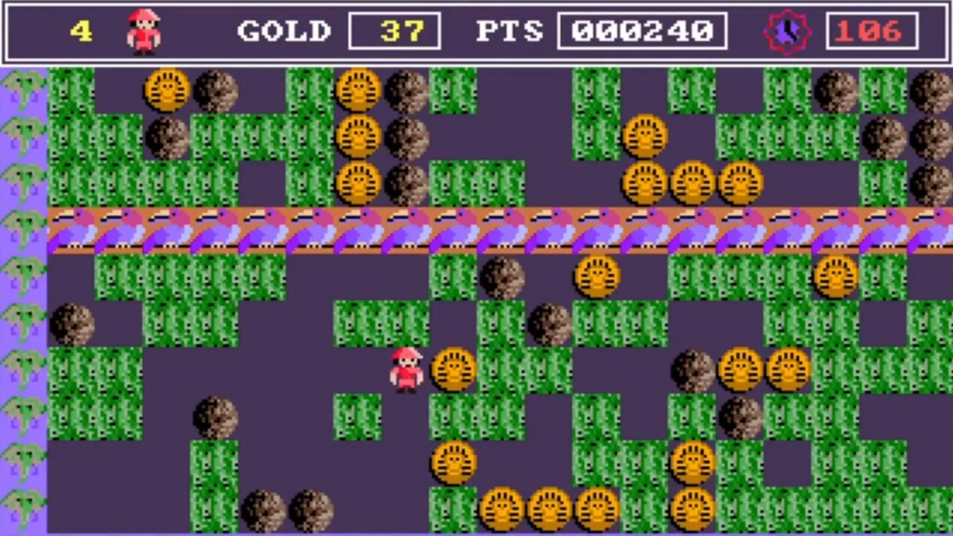 Ảnh chụp màn hình cấp độ đầu tiên của game arcade Rockford, tựa game PC cổ điển với đồ họa pixel.