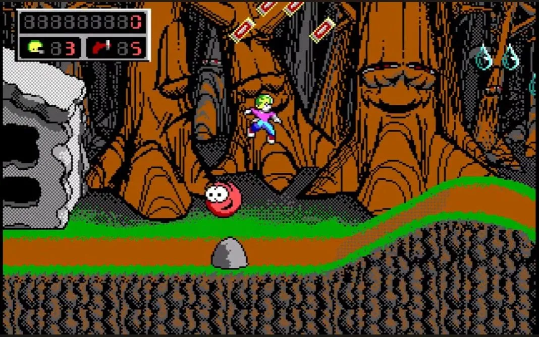 Ảnh chụp màn hình cấp độ đầu tiên của game platformer Commander Keen 4, hiển thị môi trường khoa học viễn tưởng.