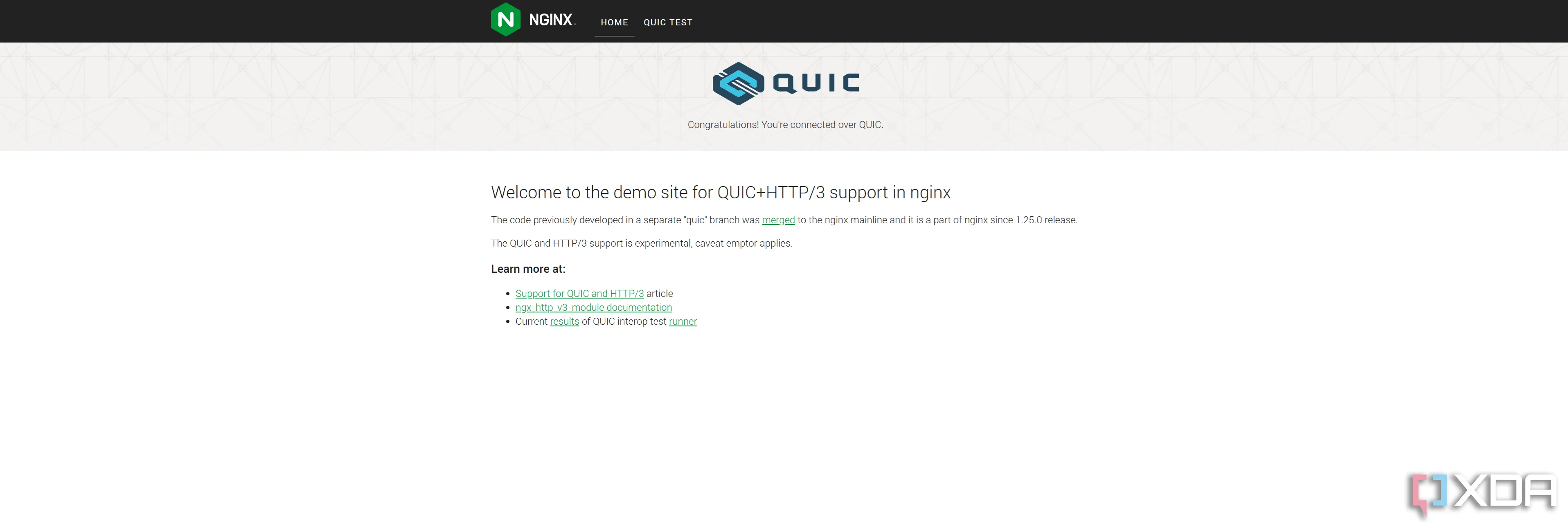 Ảnh chụp màn hình cho thấy Nginx hỗ trợ QUIC vẫn ở trạng thái thử nghiệm