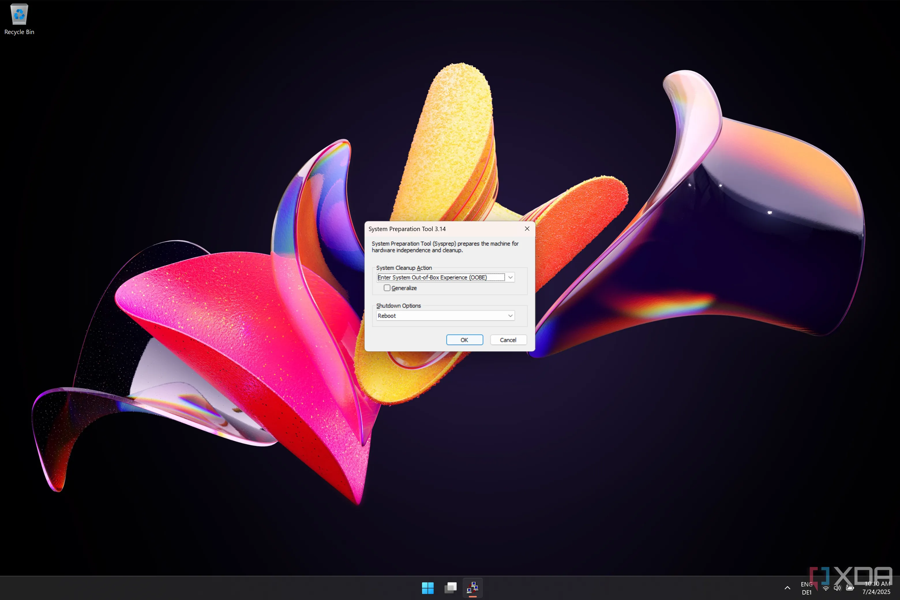 Ảnh chụp màn hình công cụ System Preparation Tool (Sysprep) trên Windows 11, hiển thị các tùy chọn cấu hình hệ thống trước khi chạy lại OOBE.