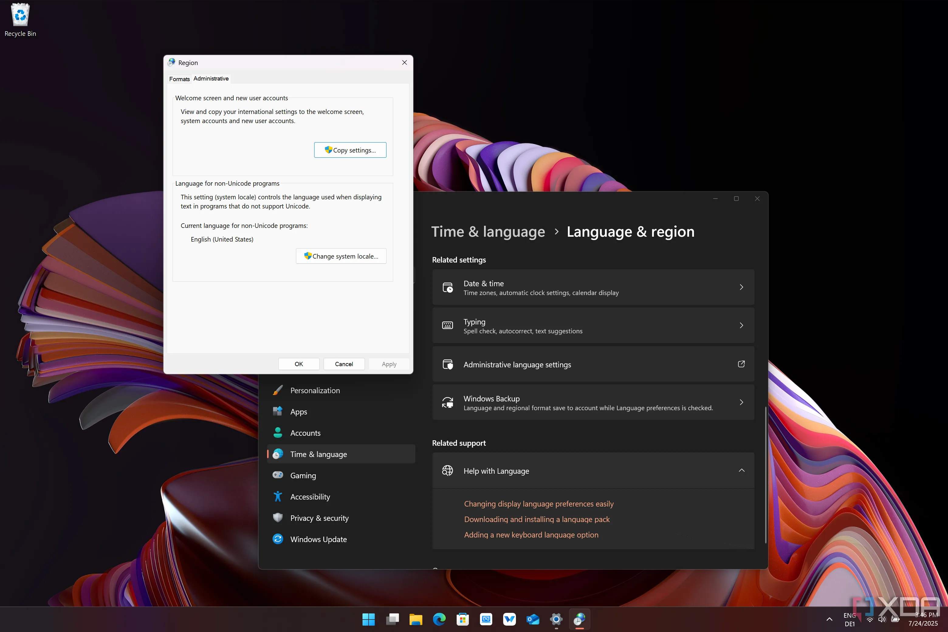 Ảnh chụp màn hình cửa sổ cài đặt Vùng hành chính (Administrative language settings) trên Windows 11, cho phép quản lý các tùy chọn vùng hệ thống.