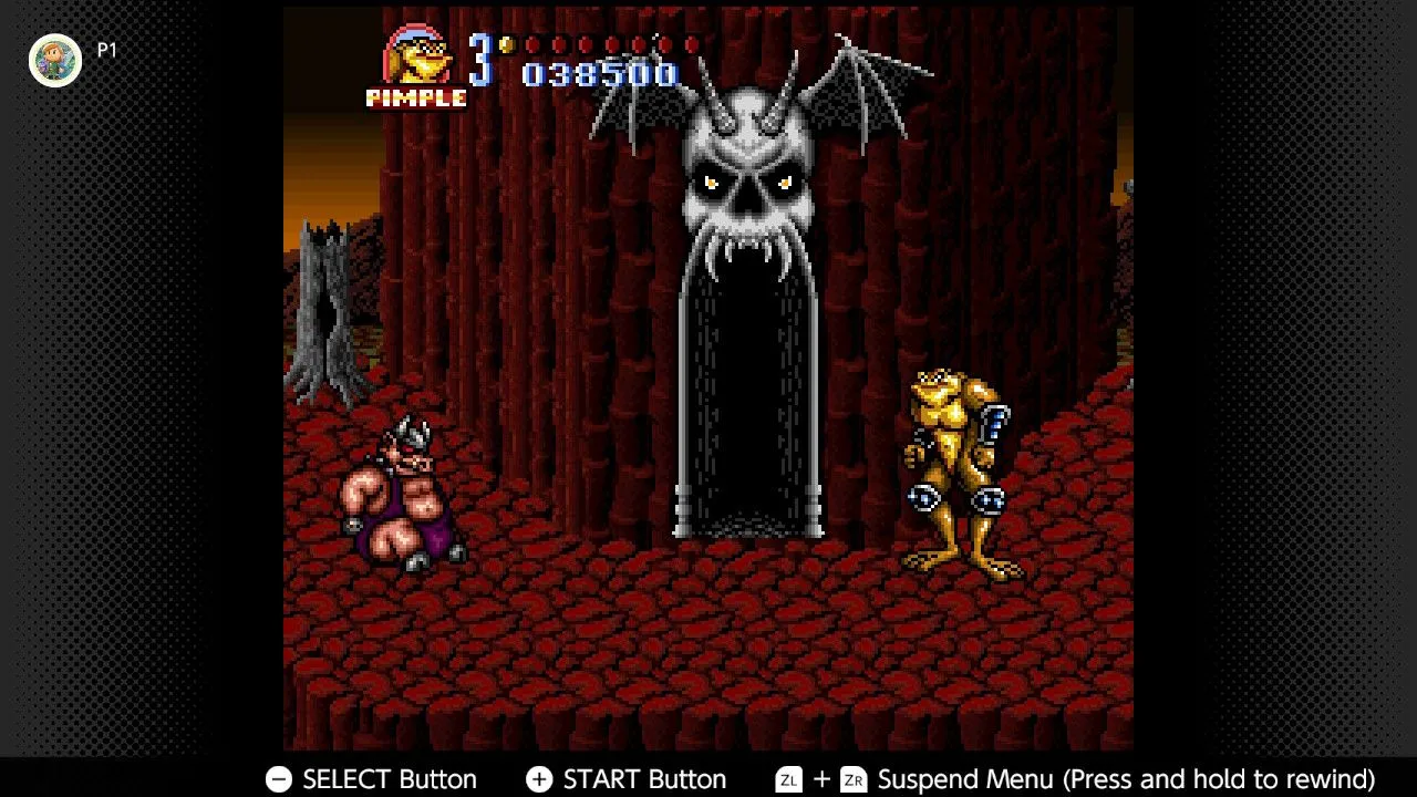 Ảnh chụp màn hình game Battletoads in Battlemaniacs trên SNES, hai chú ếch anh hùng đang thực hiện combo tấn công vào kẻ thù.