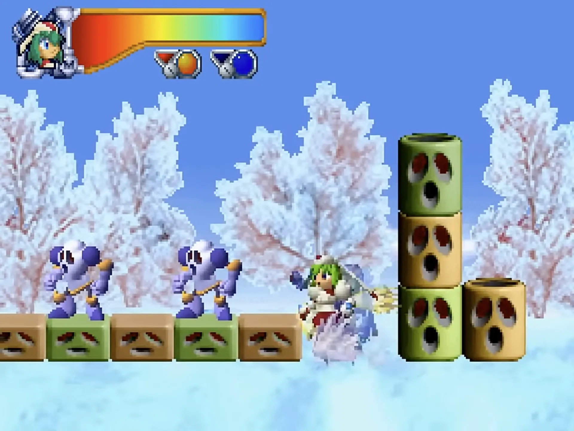 Ảnh chụp màn hình game đi cảnh 2D Mischief Makers trên Nintendo 64, hiển thị nhân vật chính Marina Liteyears trong một cảnh hành động.