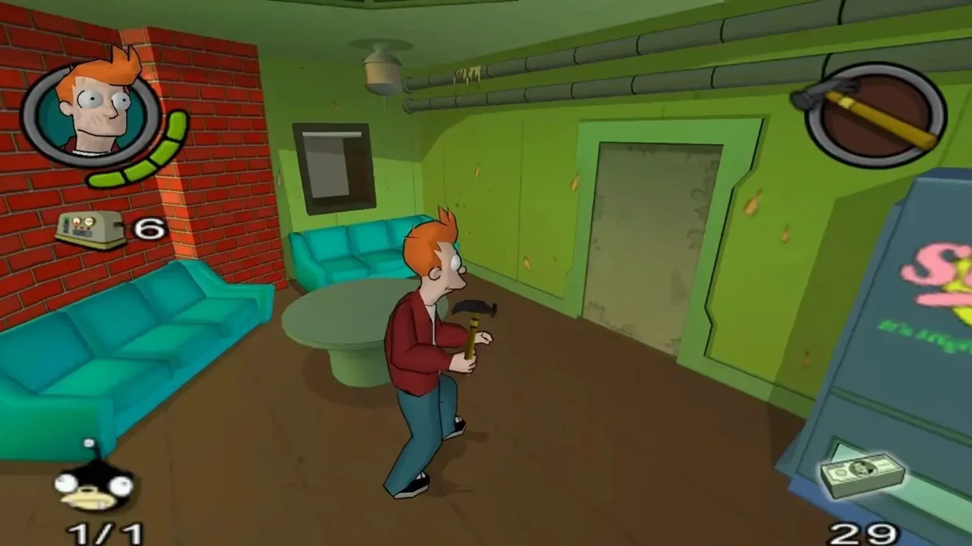 Ảnh chụp màn hình game Futurama trên Xbox, nhân vật Fry đang chiến đấu trong bối cảnh thành phố tương lai
