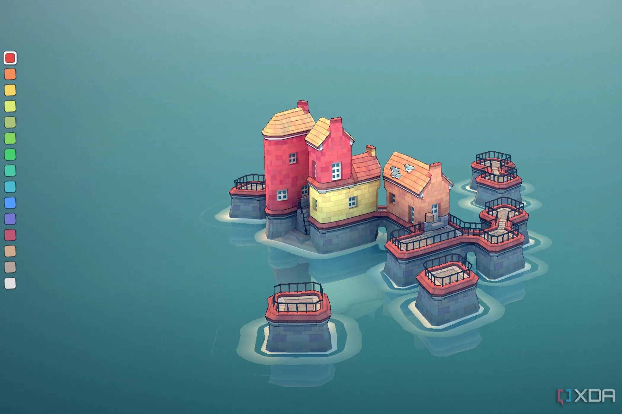 Ảnh chụp màn hình game Townscaper, thể hiện thị trấn nhỏ nhiều màu sắc nổi trên mặt nước