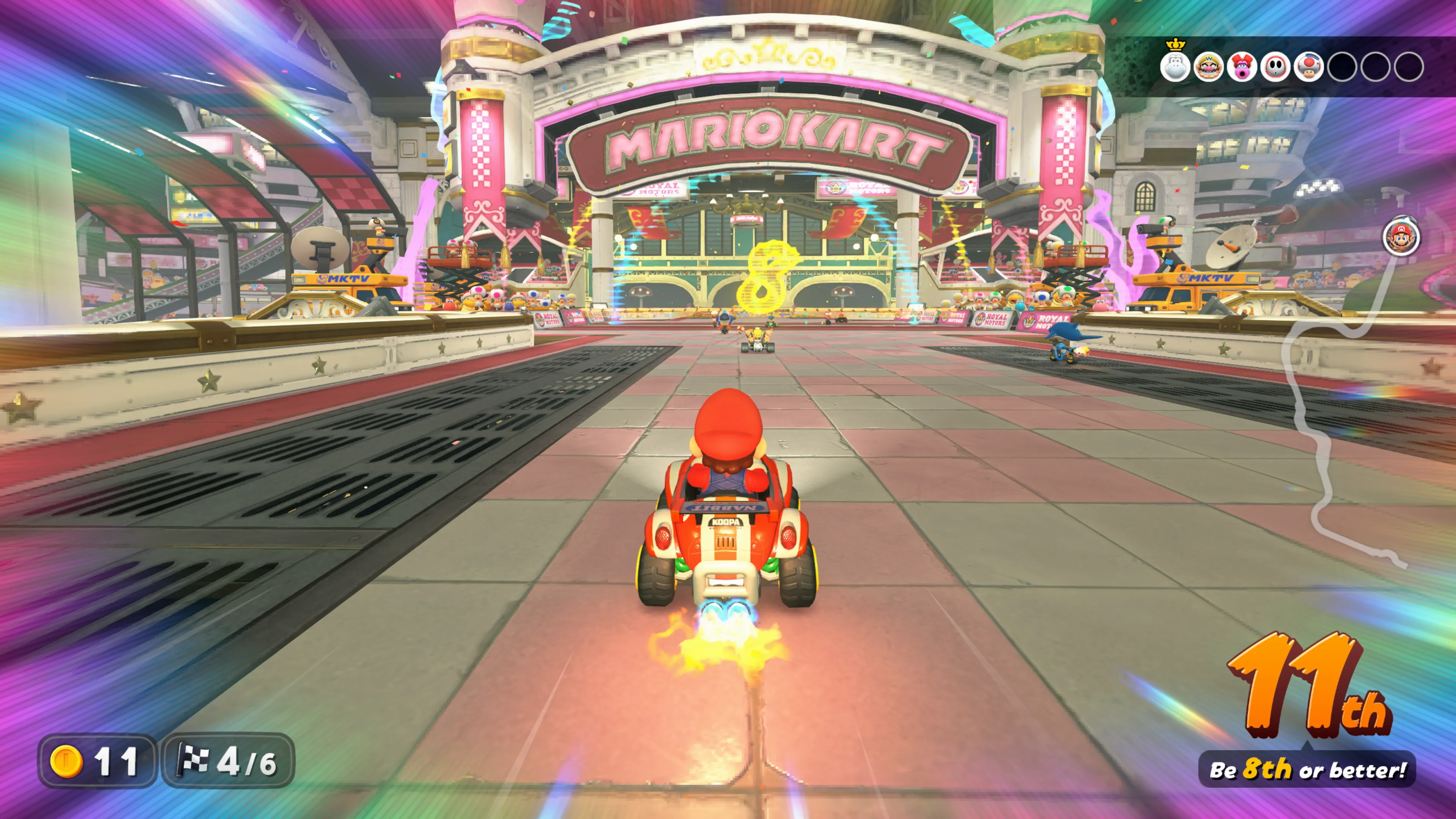 Ảnh chụp màn hình gameplay của Mario Kart World trên Nintendo Switch 2, thể hiện đồ họa và trải nghiệm mới mẻ, đồng thời đặt ra câu hỏi về chính sách DLC trong tương lai.
