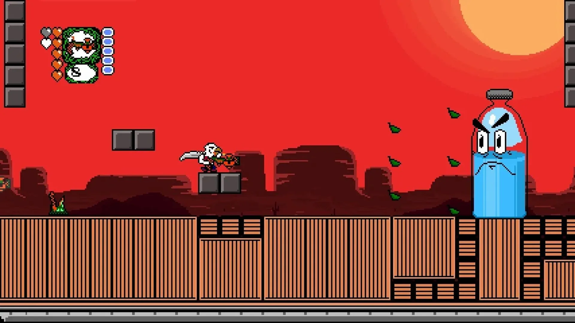Ảnh chụp màn hình gameplay của Revenge of the Bird King trên PlayStation Vita, nhân vật Dwanye trong bối cảnh hành động platformer 16-bit.