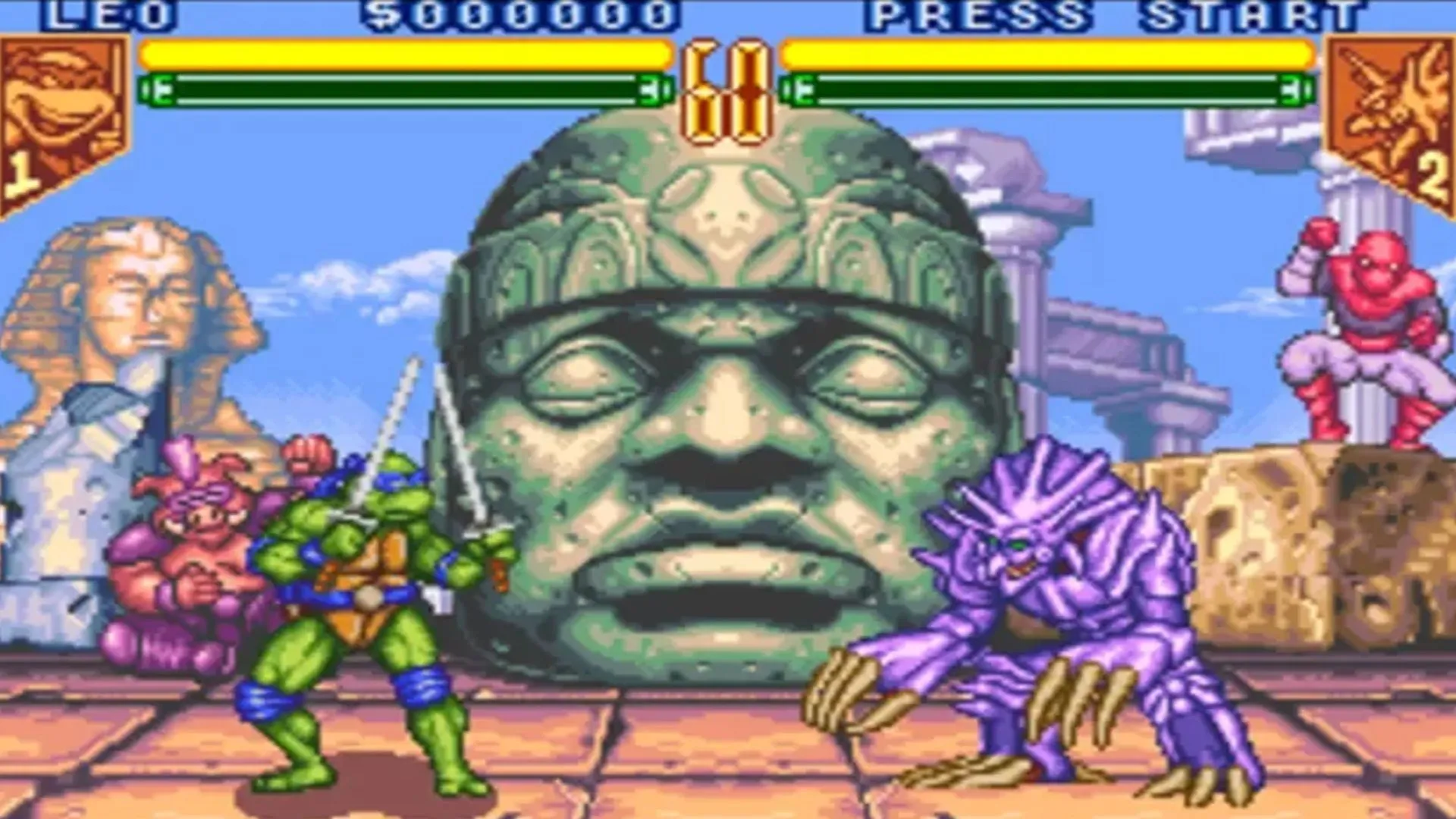 Ảnh chụp màn hình gameplay của Teenage Mutant Ninja Turtles: Tournament Fighters trên SNES.