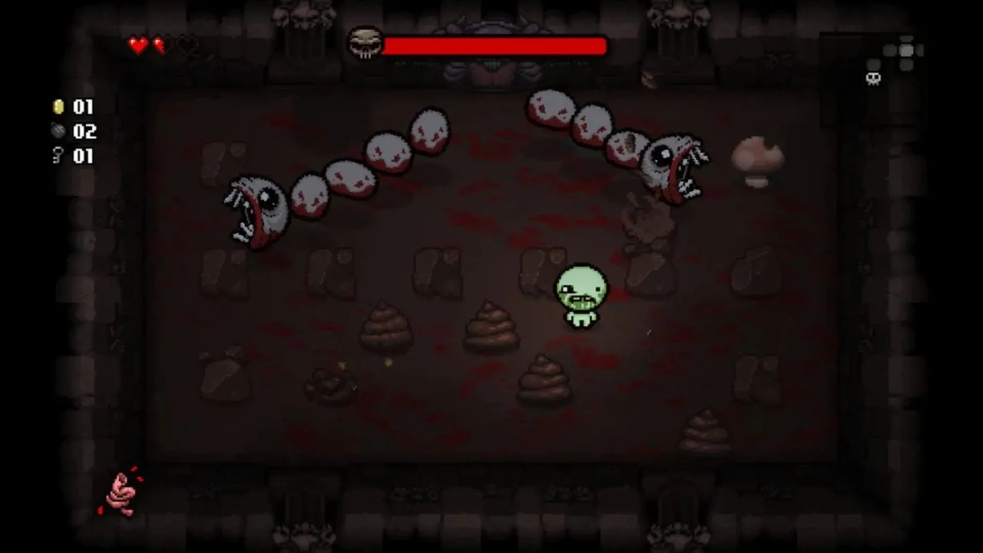 Ảnh chụp màn hình gameplay của The Binding of Isaac Rebirth trên PS Vita, thể hiện nhân vật Isaac đang chiến đấu trong hầm ngục phong cách roguelike.