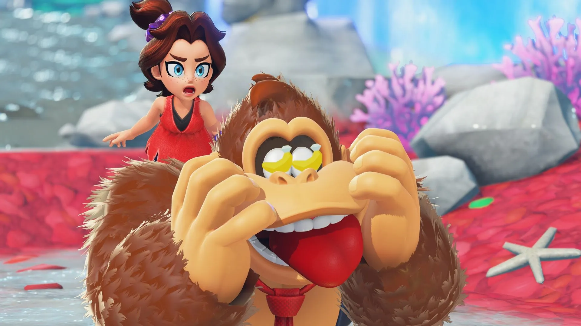 Ảnh chụp màn hình gameplay hoành tráng từ Donkey Kong Bananza, với đồ họa rực rỡ và môi trường phiêu lưu độc đáo