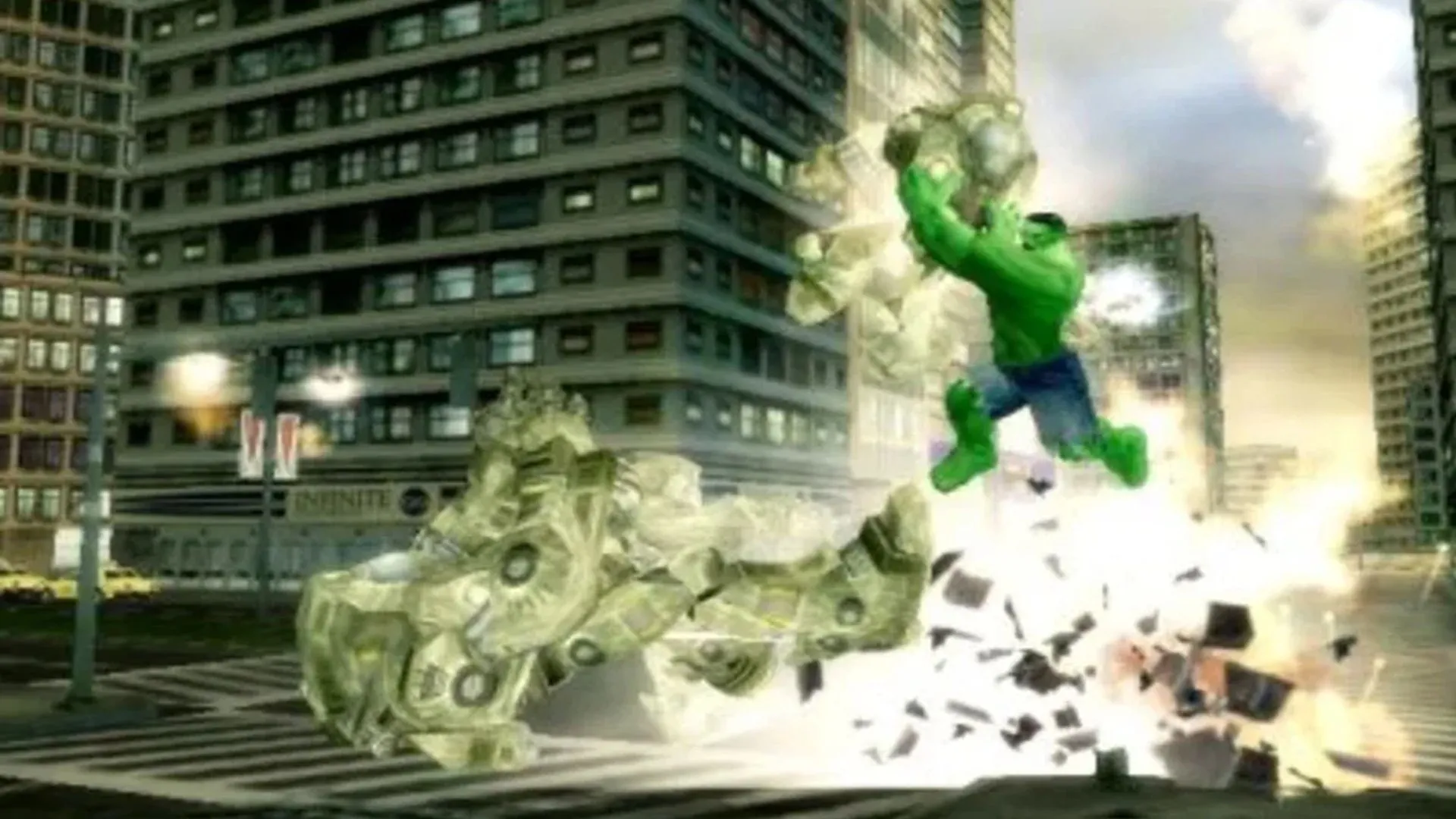 Ảnh chụp màn hình gameplay The Incredible Hulk: Ultimate Destruction, cho thấy Hulk đang phá hủy môi trường