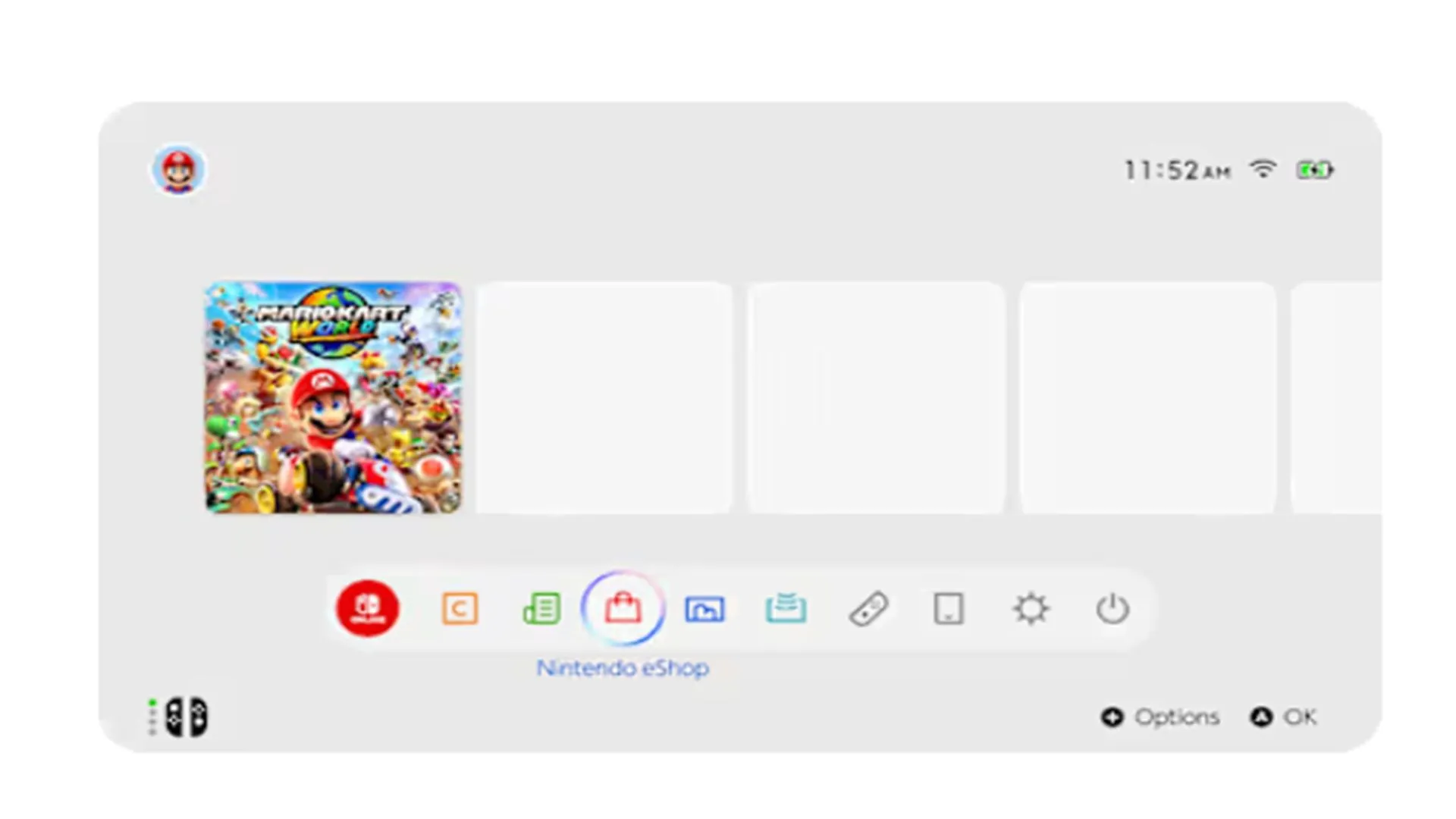 Ảnh chụp màn hình giao diện chính Nintendo Switch 2 giống hệt Switch đời đầu với nền trắng và các ô game