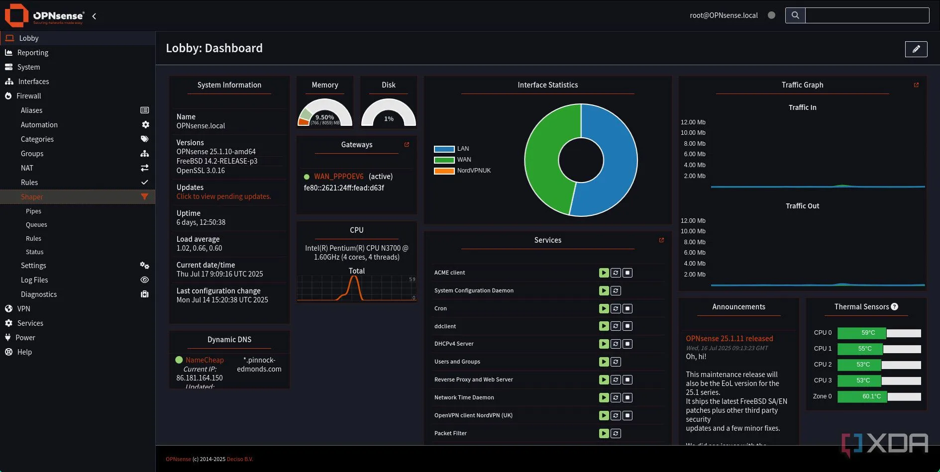 Ảnh chụp màn hình giao diện OPNsense, hiển thị đường dẫn Firewall &gt; Shaper để cấu hình Traffic Shaping